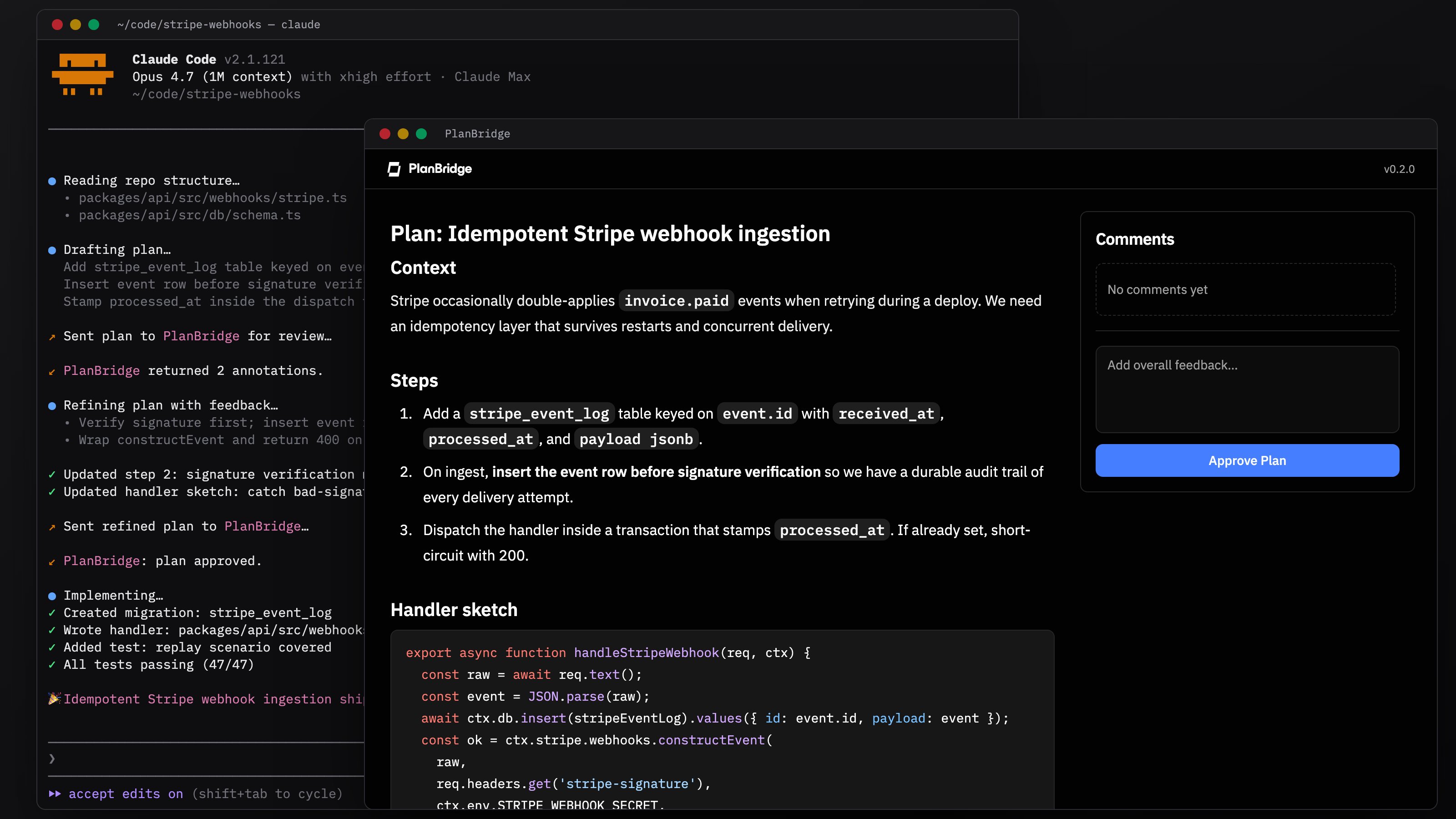 Floating Claude Code terminal window and PlanBridge browser window with a Stripe webhook plan being annotated by a human reviewer.